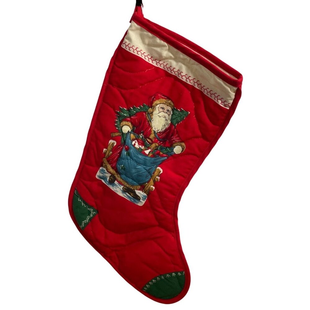 Vintage Quilted Christmas Stocking Santa w Sack of toys Handmade Holiday 13 Inch